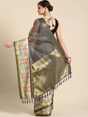 Silk land grey striped faux kanjivaram silk saree with unstitched blouse piece 2