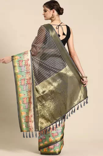 Silk land grey striped faux kanjivaram silk saree with unstitched blouse piece