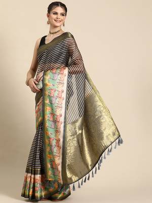 Silk land grey striped faux kanjivaram silk saree with unstitched blouse piece 3