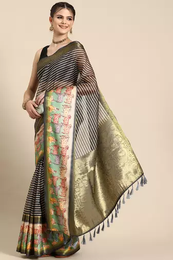 Silk land grey striped faux kanjivaram silk saree with unstitched blouse piece