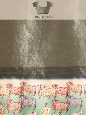 Silk land grey striped faux kanjivaram silk saree with unstitched blouse piece 5