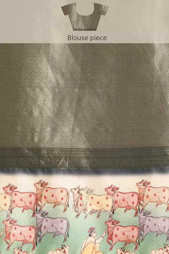Silk land grey striped faux kanjivaram silk saree with unstitched blouse piece