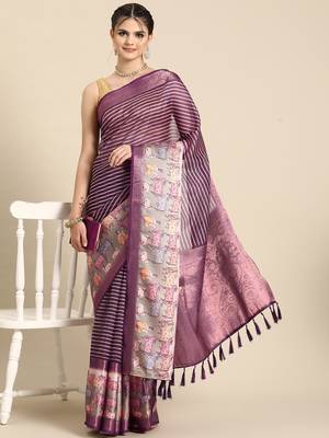 Silk land purple striped faux kanjivaram silk saree with unstitched blouse piece 1