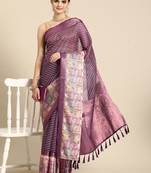 Silk land purple striped faux kanjivaram silk saree with unstitched blouse piece