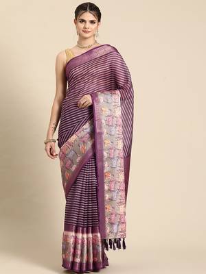 Silk land purple striped faux kanjivaram silk saree with unstitched blouse piece 2