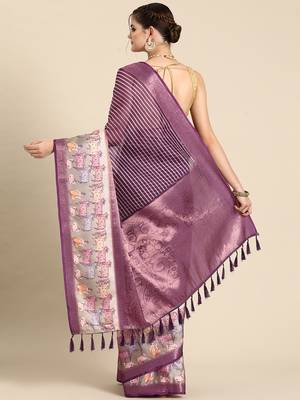 Silk land purple striped faux kanjivaram silk saree with unstitched blouse piece 3