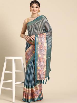 Silk land teal striped faux kanjivaram silk saree with unstitched blouse piece 1
