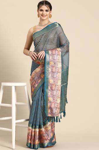 Silk land teal striped faux kanjivaram silk saree with unstitched blouse piece
