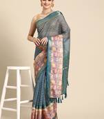 Silk land teal striped faux kanjivaram silk saree with unstitched blouse piece