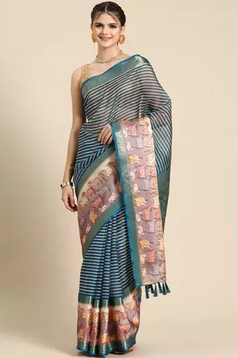 Silk land teal striped faux kanjivaram silk saree with unstitched blouse piece