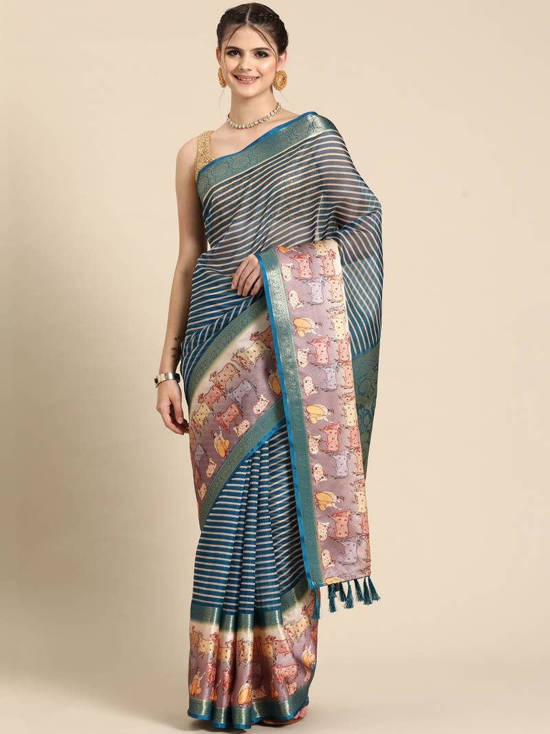Silk land teal striped faux kanjivaram silk saree with unstitched blouse piece