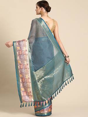 Silk land teal striped faux kanjivaram silk saree with unstitched blouse piece 3