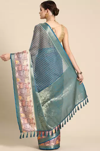 Silk land teal striped faux kanjivaram silk saree with unstitched blouse piece