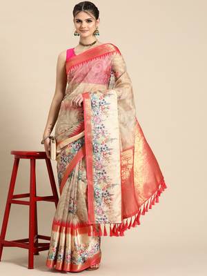 Silk land peach floral faux kanjivaram silk saree with unstitched blouse piece 1