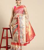 Silk land peach floral faux kanjivaram silk saree with unstitched blouse piece