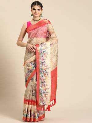 Silk land peach floral faux kanjivaram silk saree with unstitched blouse piece 2