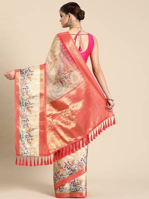 Silk land peach floral faux kanjivaram silk saree with unstitched blouse piece 3