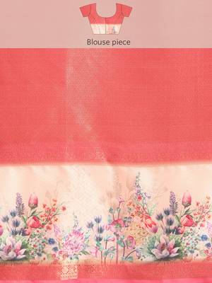 Silk land peach floral faux kanjivaram silk saree with unstitched blouse piece 5
