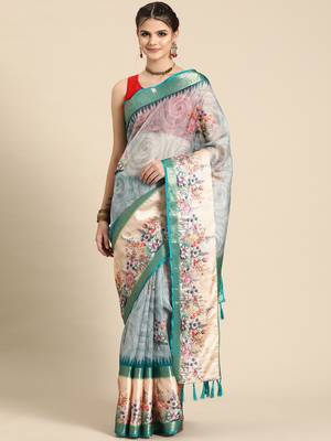 Silk land teal floral faux kanjivaram silk saree with unstitched blouse piece 1
