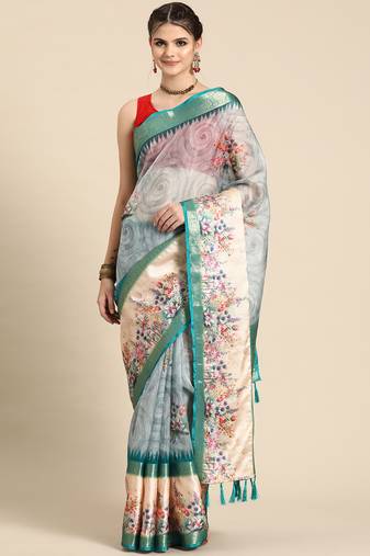 Silk land teal floral faux kanjivaram silk saree with unstitched blouse piece