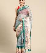 Silk land teal floral faux kanjivaram silk saree with unstitched blouse piece