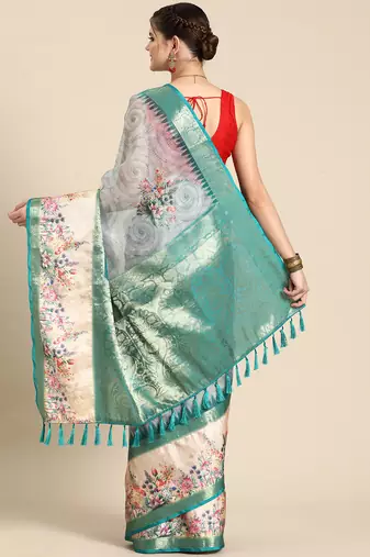 Silk land teal floral faux kanjivaram silk saree with unstitched blouse piece