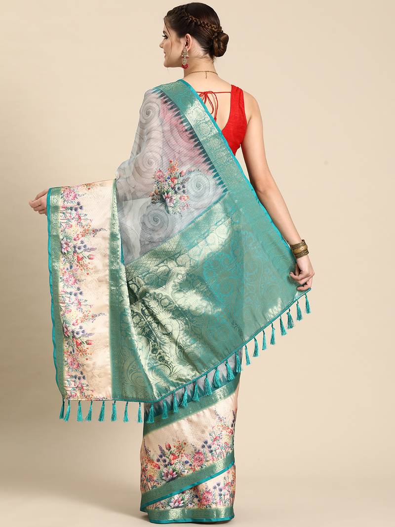 Silk land teal floral faux kanjivaram silk saree with unstitched blouse piece