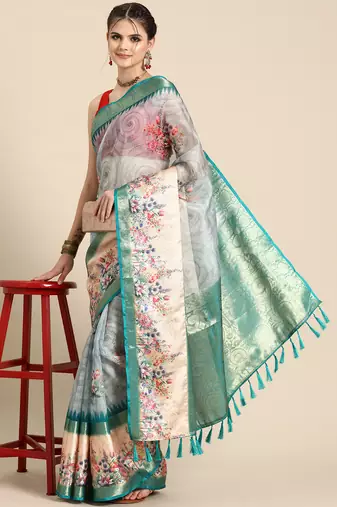 Silk land teal floral faux kanjivaram silk saree with unstitched blouse piece