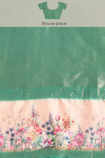 Silk land teal floral faux kanjivaram silk saree with unstitched blouse piece