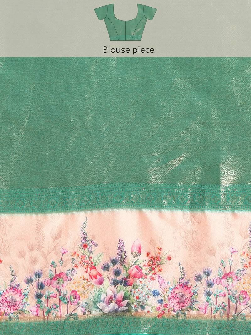 Silk land teal floral faux kanjivaram silk saree with unstitched blouse piece