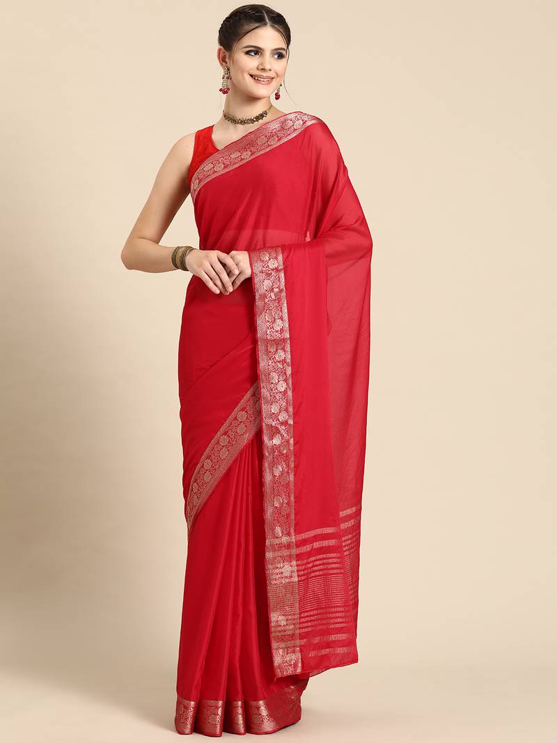 Silk land red solid georgette saree with unstitched blouse piece