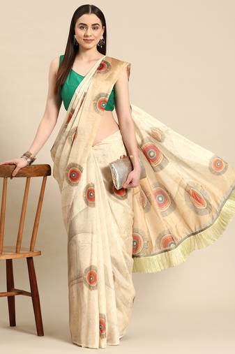 Silk Land Beige Geometric Soft Silk Blend Saree With Unstitched Blouse Piece
