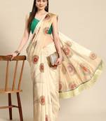 Silk Land Beige Geometric Soft Silk Blend Saree With Unstitched Blouse Piece