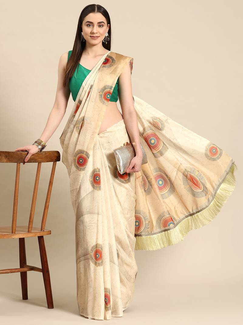Silk Land Beige Geometric Soft Silk Blend Saree With Unstitched Blouse Piece