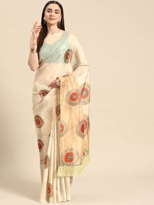 Silk Land Beige Geometric Soft Silk Blend Saree With Unstitched Blouse Piece 2