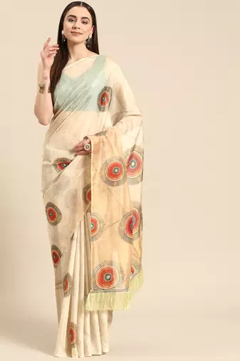 Silk Land Beige Geometric Soft Silk Blend Saree With Unstitched Blouse Piece
