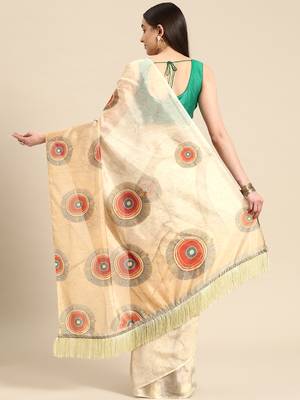 Silk Land Beige Geometric Soft Silk Blend Saree With Unstitched Blouse Piece 3