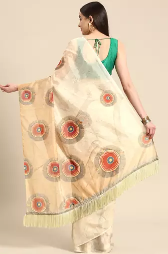 Silk Land Beige Geometric Soft Silk Blend Saree With Unstitched Blouse Piece