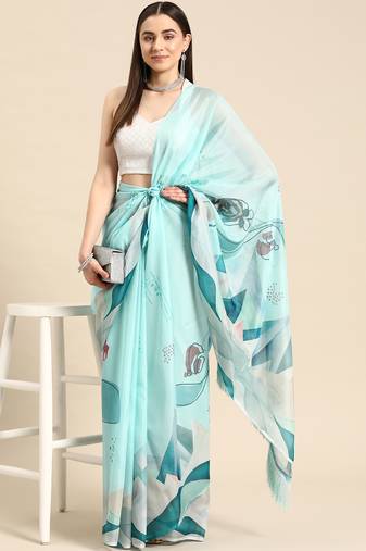 Silk Land Teal Abstract Soft Silk Blend Saree With Unstitched Blouse Piece