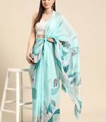 Silk Land Teal Abstract Soft Silk Blend Saree With Unstitched Blouse Piece