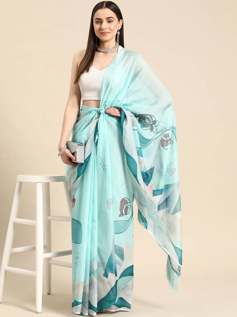 Silk Land Teal Abstract Soft Silk Blend Saree With Unstitched Blouse Piece