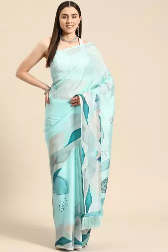 Silk Land Teal Abstract Soft Silk Blend Saree With Unstitched Blouse Piece