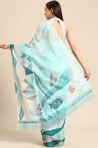 Silk Land Teal Abstract Soft Silk Blend Saree With Unstitched Blouse Piece