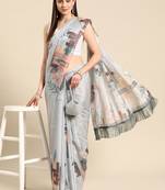 Silk Land Grey Floral Soft Silk Blend Saree With Unstitched Blouse Piece