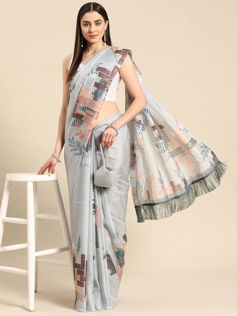 Silk Land Grey Floral Soft Silk Blend Saree With Unstitched Blouse Piece