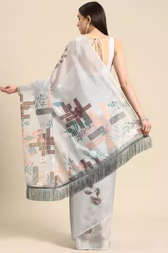 Silk Land Grey Floral Soft Silk Blend Saree With Unstitched Blouse Piece