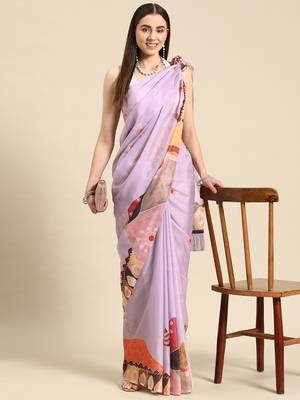 Silk Land Lavender Floral Soft Silk Blend Saree With Unstitched Blouse Piece 1