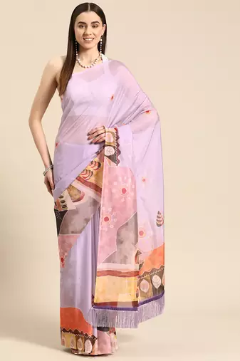 Silk Land Lavender Floral Soft Silk Blend Saree With Unstitched Blouse Piece