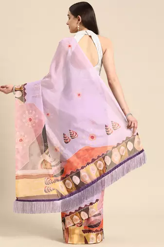 Silk Land Lavender Floral Soft Silk Blend Saree With Unstitched Blouse Piece