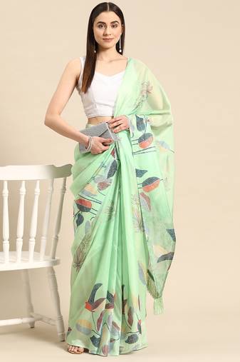 Silk Land Green Floral Soft Silk Blend Saree With Unstitched Blouse Piece
